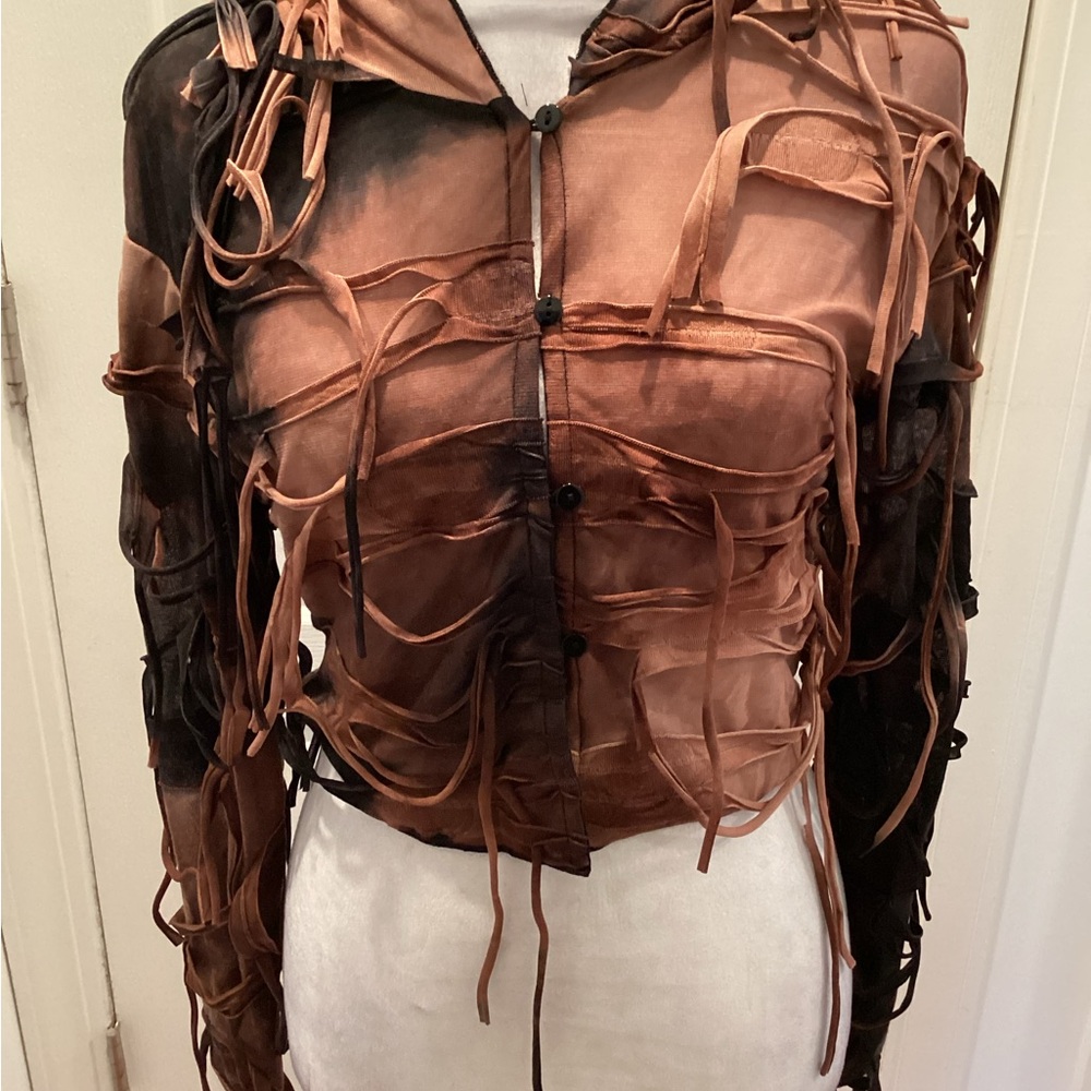Tie-Dye Brown & Black Hooded Mesh Tassel Jacket - Picture 4 of 6